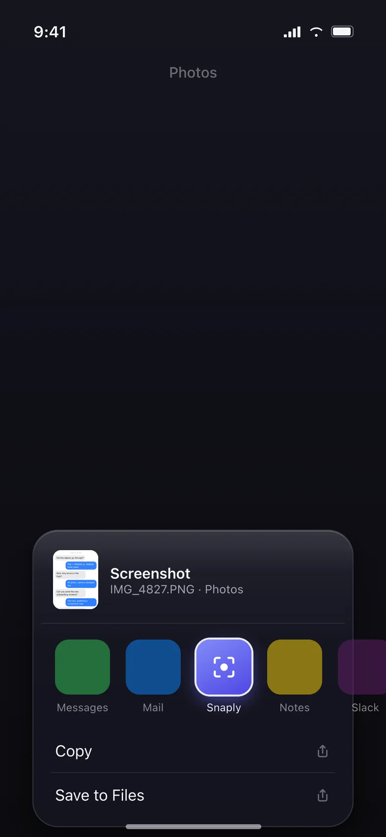 The iOS share sheet with Snaply highlighted among the sharing options