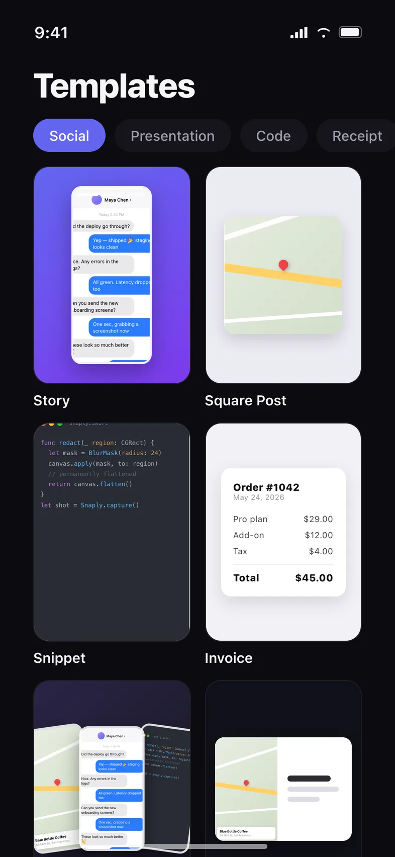 Snaply's template grid with Social, Presentation, Code and Receipt categories