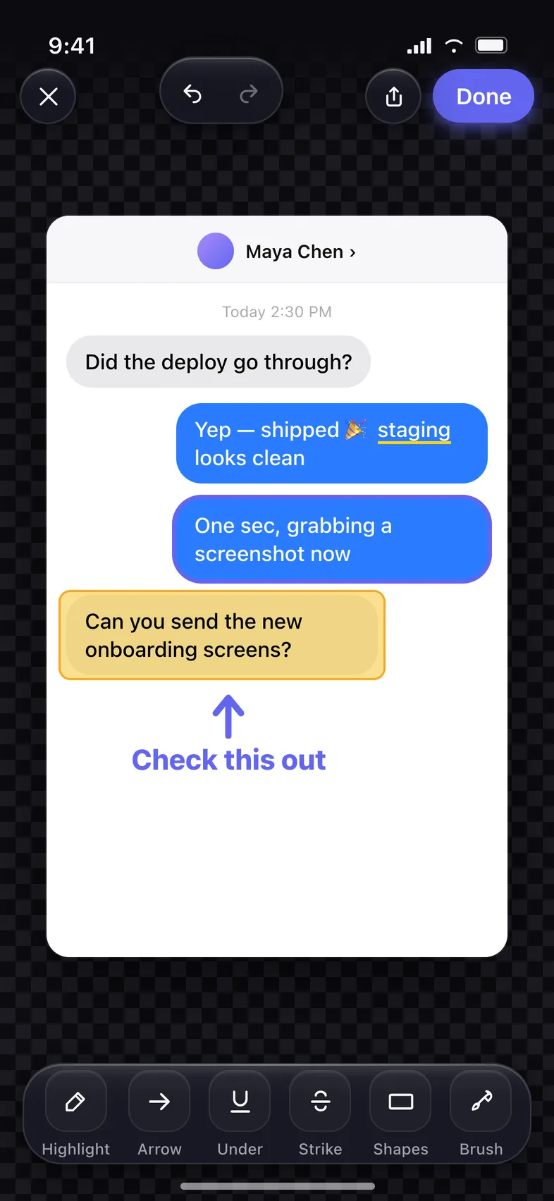 A chat thread with a yellow highlight, an indigo arrow and the caption “Check this out”, drawing tools along the bottom