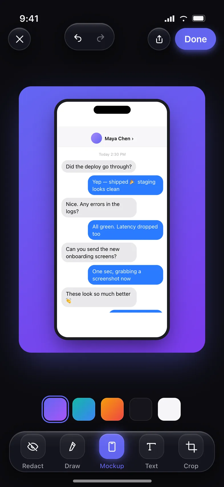 A screenshot placed inside an iPhone frame on an indigo-to-violet gradient, background swatches underneath
