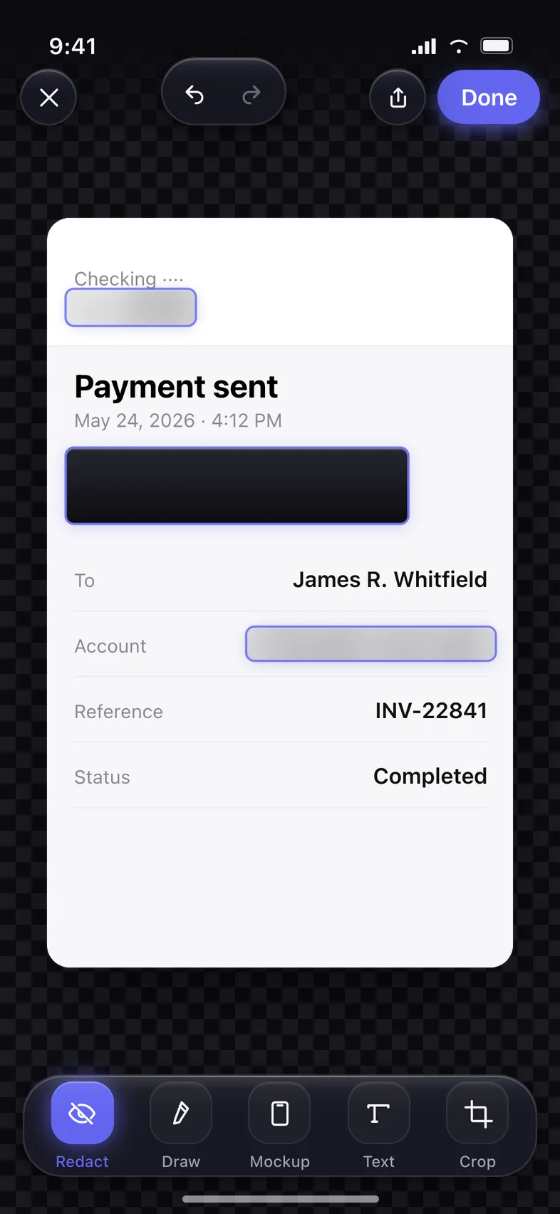 Snaply's editor with a black bar covering the amount on a payment receipt, the Redact tool active in the floating toolbar