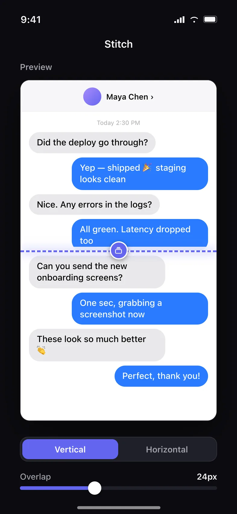 Snaply's Stitch preview showing screenshots joined seam by seam, each join with its own overlap control